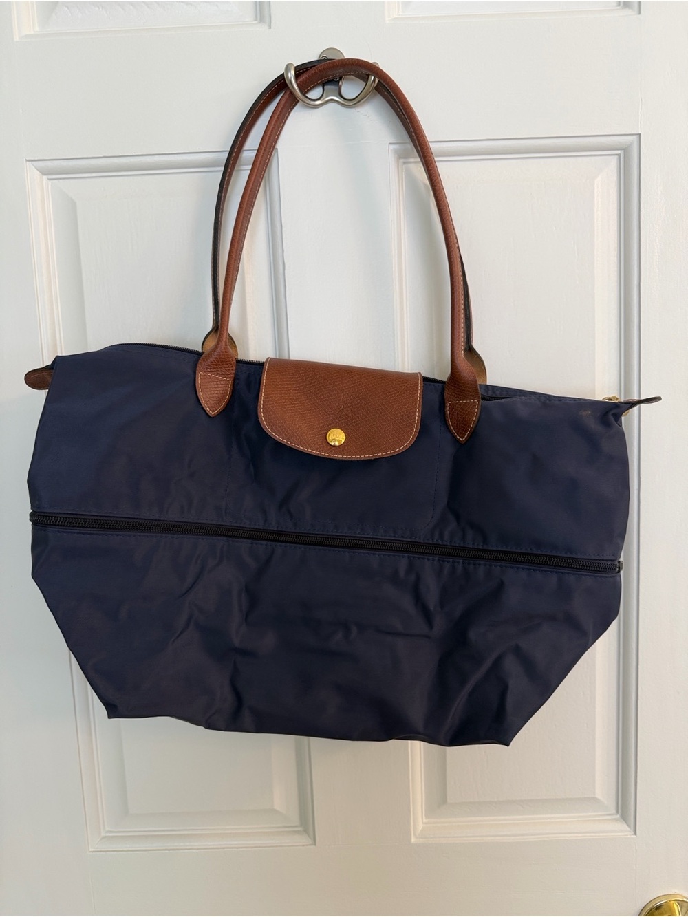 Longchamp expandable Navy Tote with Brown Leather Trim and Handles